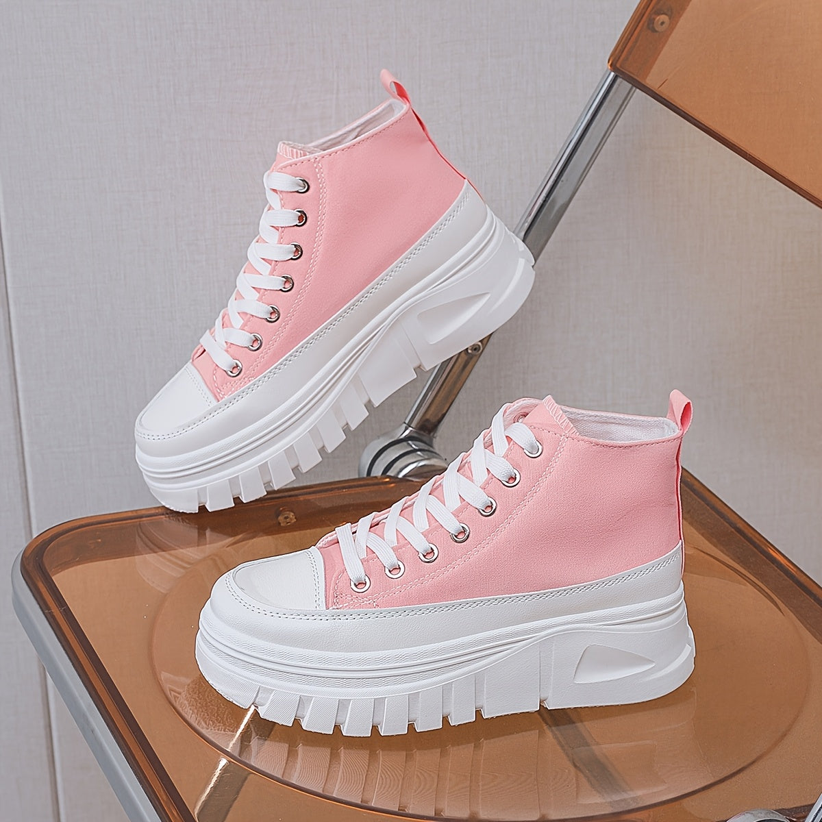 Women's Chunky Platform Lace-Up Sneakers Breathable Mid-Top Casual Shoes