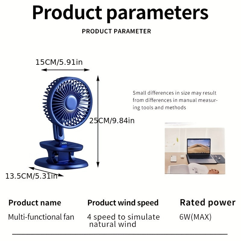 Portable USB Fan with Clamp and Stand, Handheld Shaking Head, Rechargeable Battery