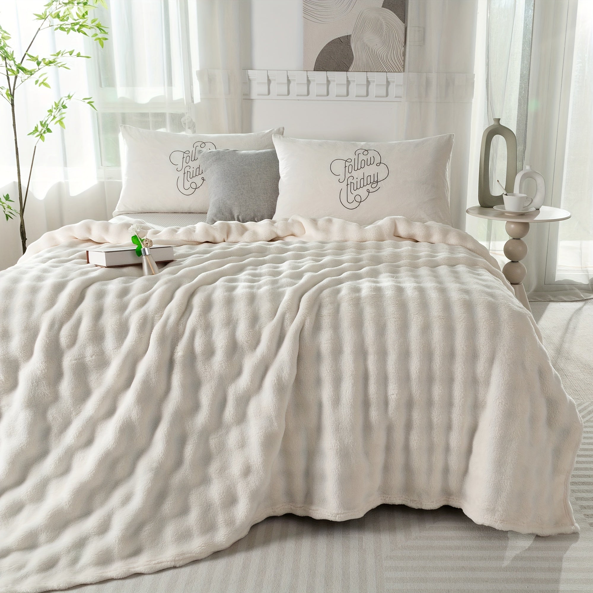 Hypoallergenic Polyester Bed Blanket Faux Rabbit Fur Plush Throw for Bedroom Sofa Travel