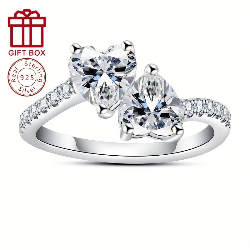 Women's Silver Heart-Shaped Moissanite Ring 6.5mm 2CT Side Stones Jewelry