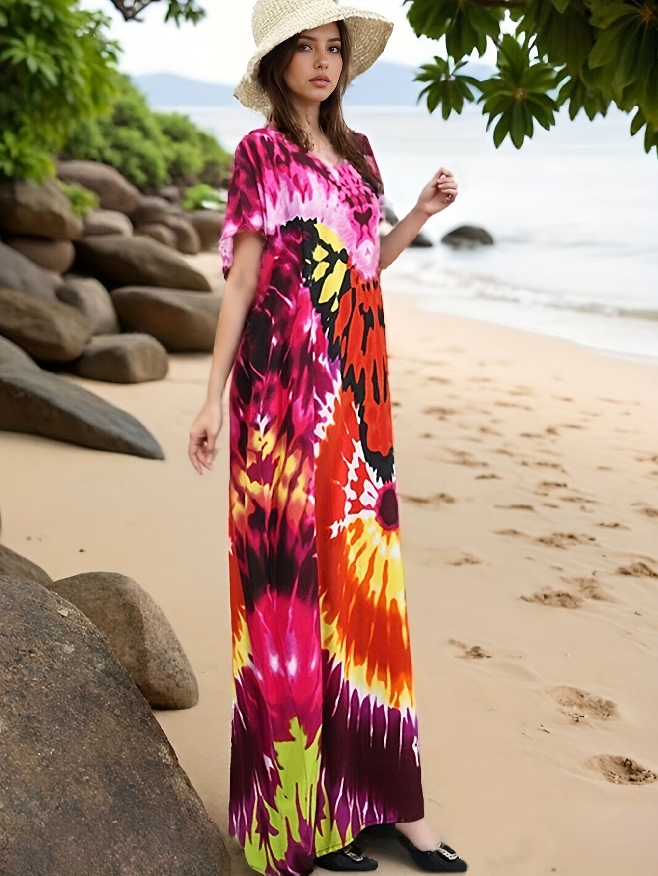 Plus o'lcham ayollar uchun tie-dye plyaj kiyimlari uzun tunik va gul naqshlari