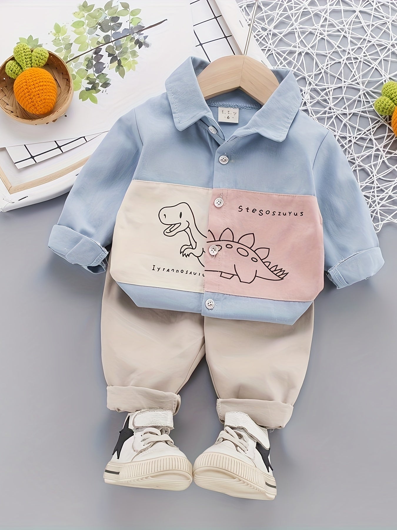 Baby Boy Casual Dinosaur Shirt and Pants Set Long Sleeve Spring Fall Cotton