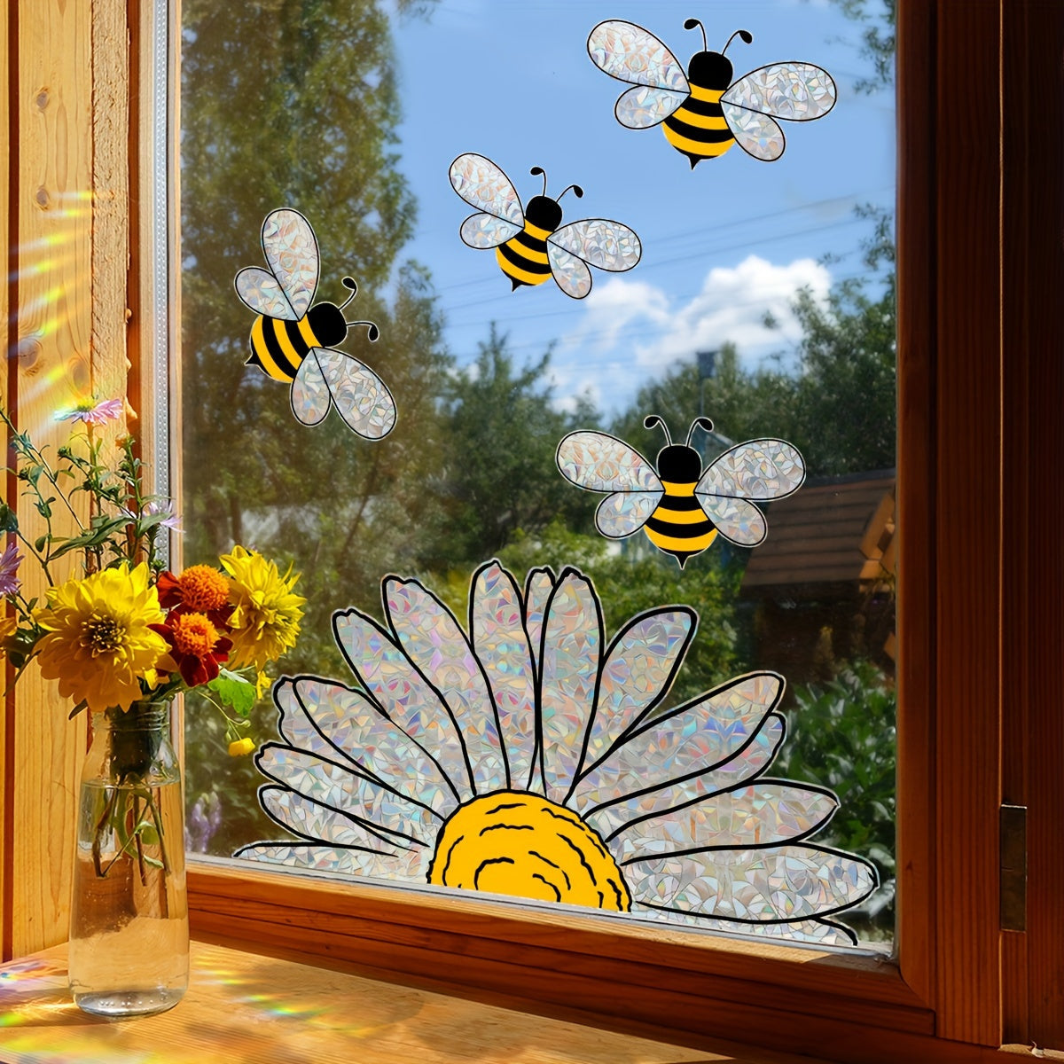Sunflower and Bee Window Cling 30.48cm x 40.64cm Reusable Glass Decal