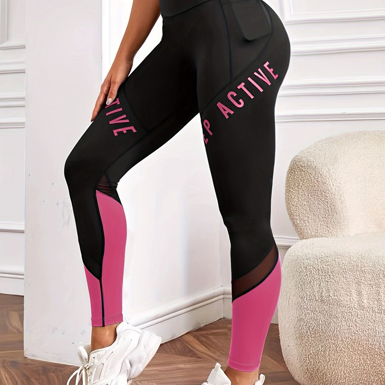 Women's High Waist Yoga Leggings with Pockets and Color-Block Letter Print