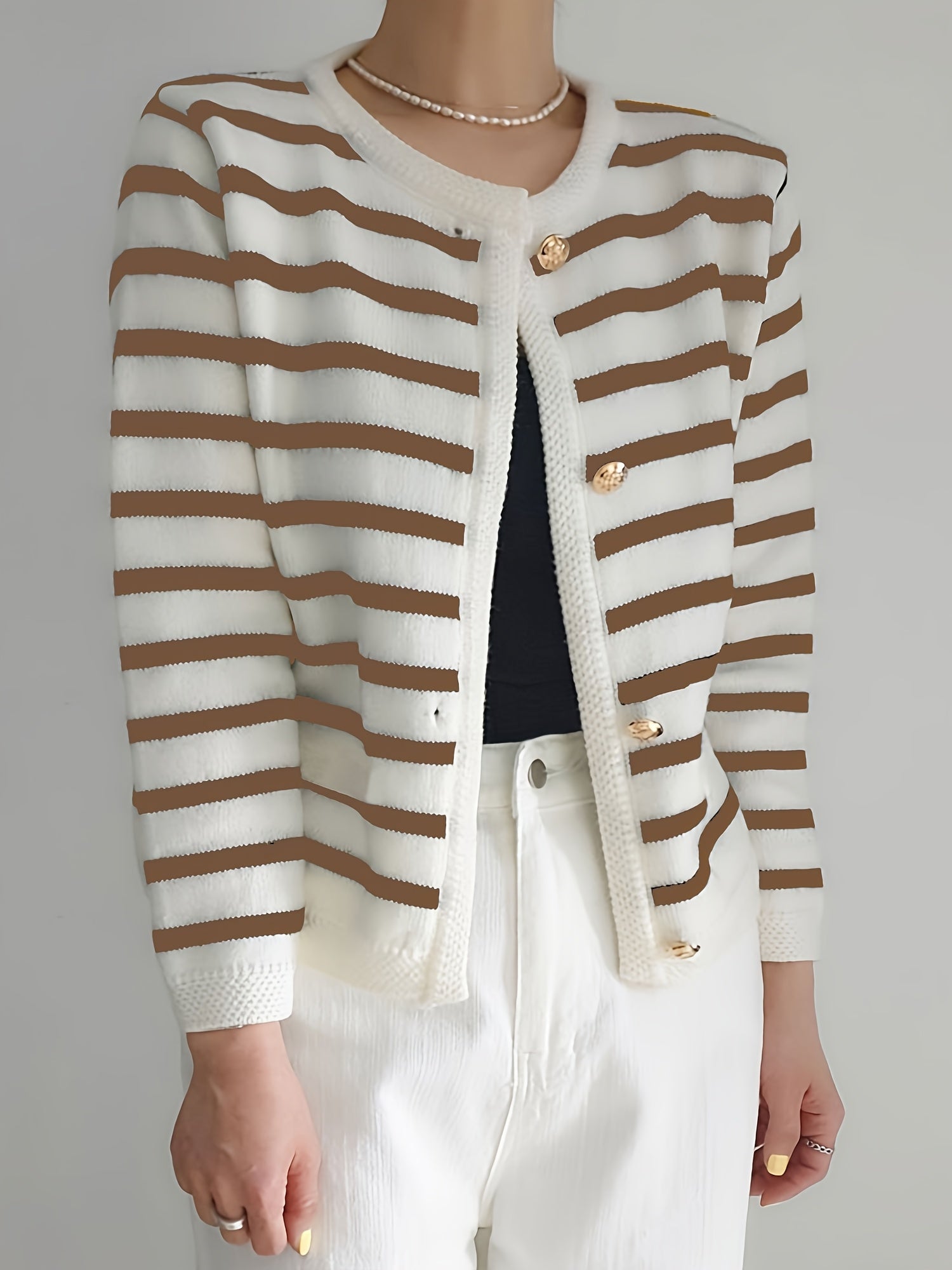 Women's Striped Knit Cardigan Fall Long Sleeve Button Front High Stretch Lightweight