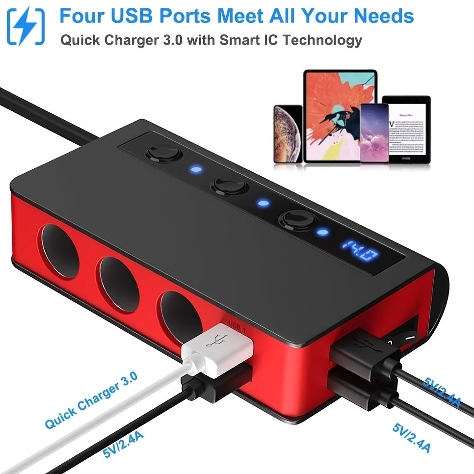 Cargador de coche de alta potencia con puertos USB y pantalla de voltaje