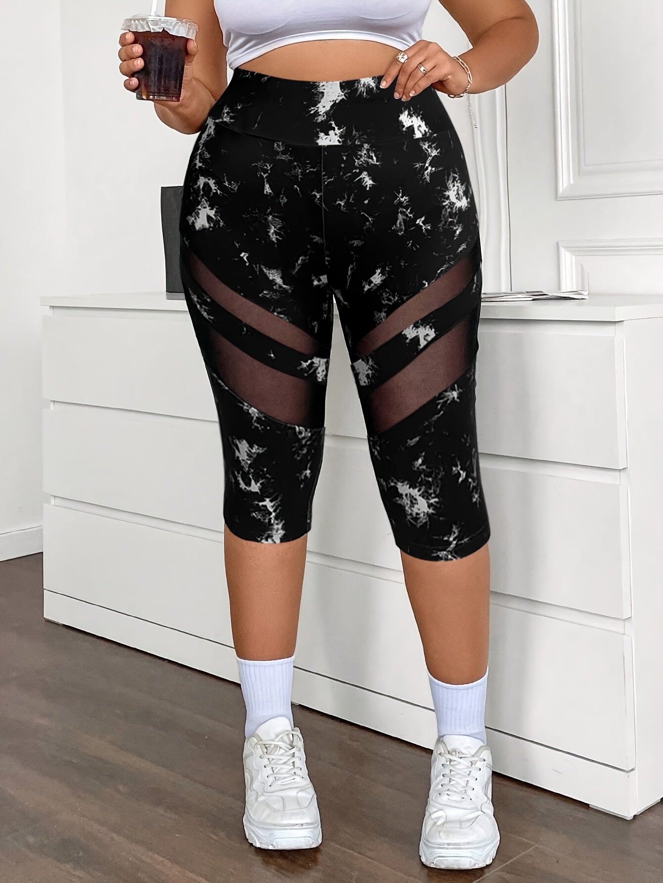 Plus Size Women's High-Waisted Mesh Panel Tie-Dye Yoga Shorts