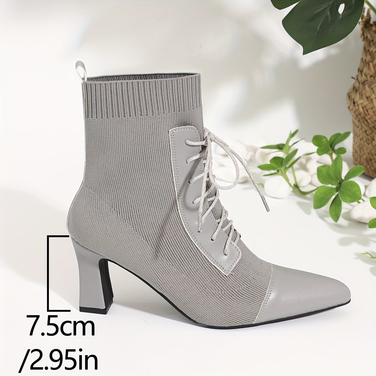 Women's Grey Ankle Boots with Pointed Toes and Chunky Heels