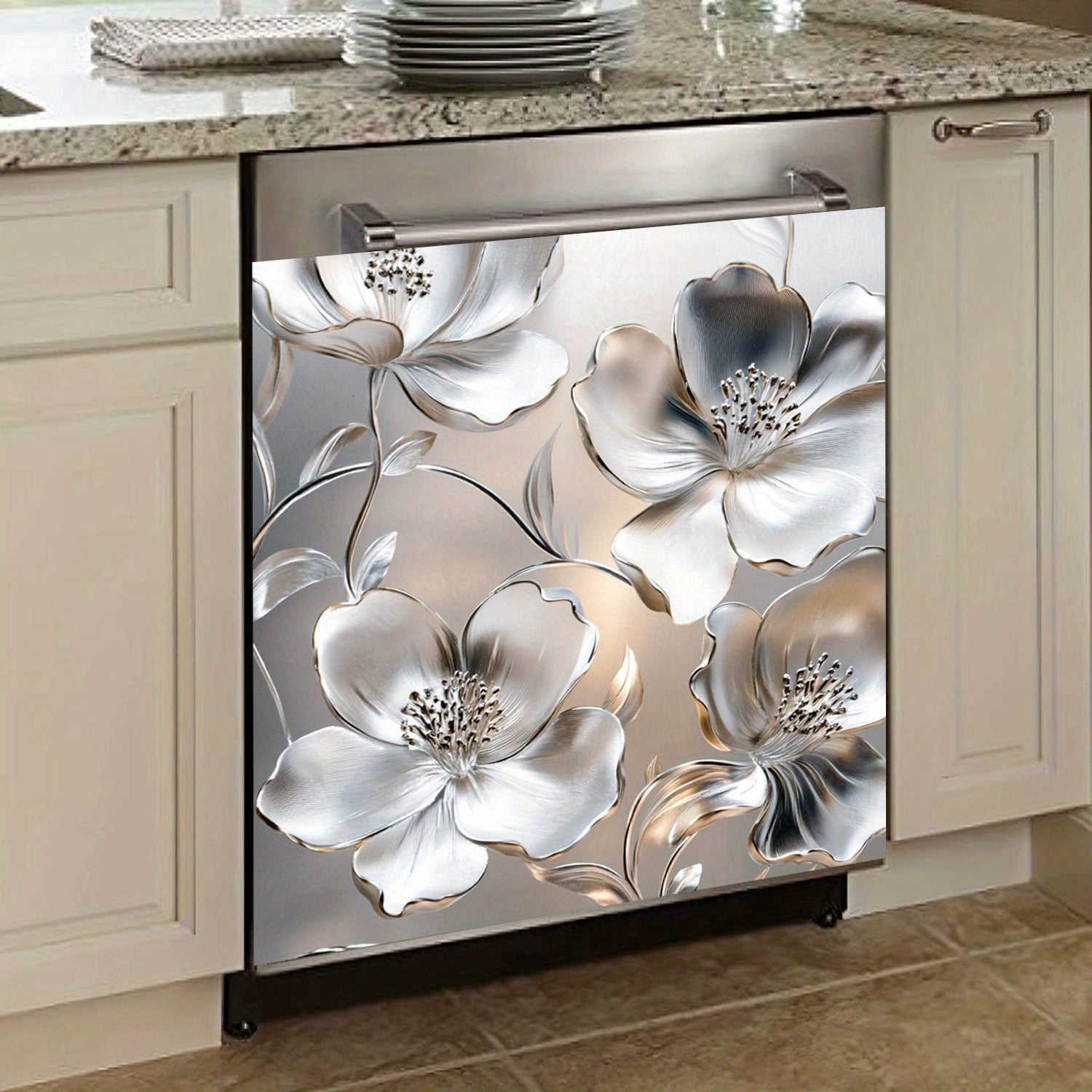 Серебристая 3D-цветочная магнитная крышка для посудомоечной машины, водонепроницаемая, термостойкая, 58,5x65 см