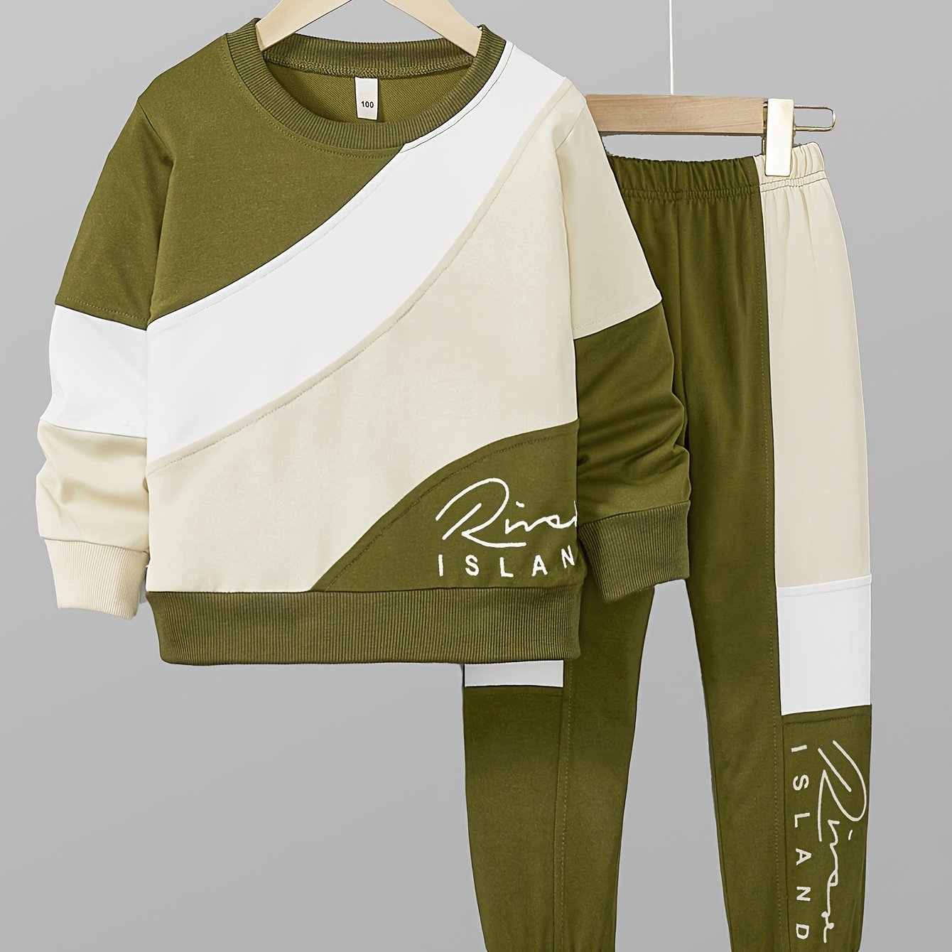 Men's and Children's Spliced Letter Print Suit with Round Neck Polyester Casual