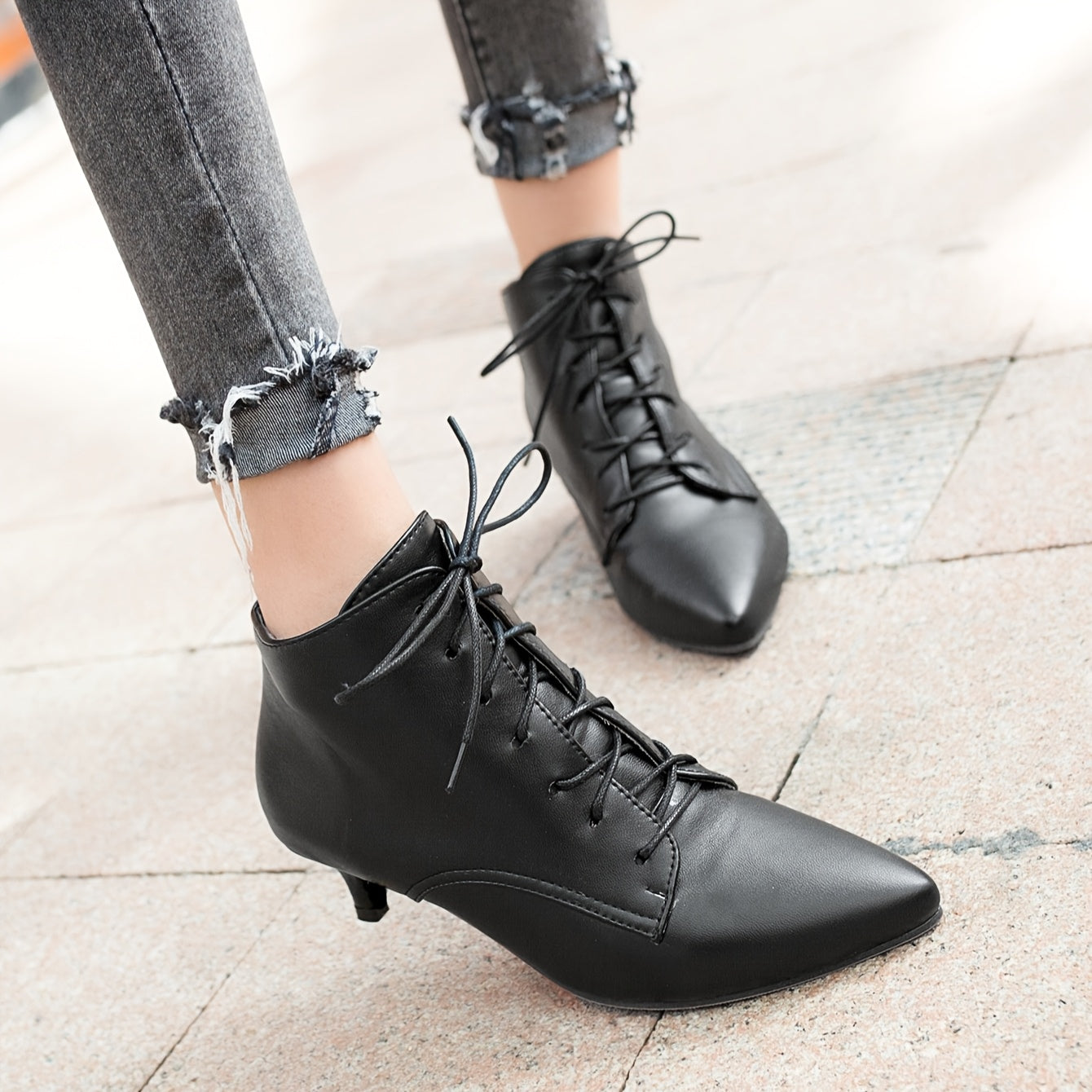 Women's White Pointed Toe Mid-Heel Ankle Boots Lace-Up Faux Cover Rubber Sole