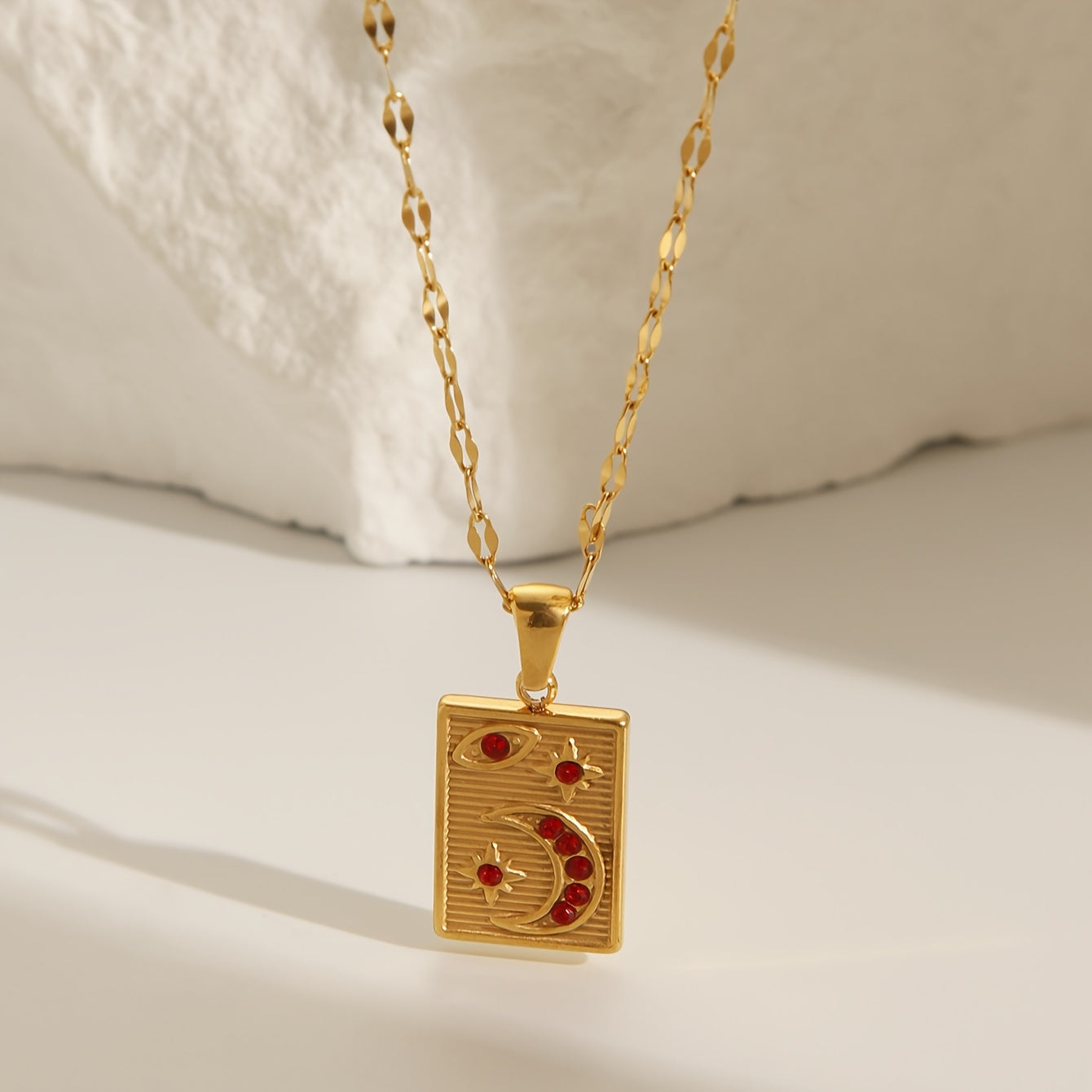 Gold Plated Stainless Steel Pendant Necklace with Geometric Rectangle and Crescent Moon Red Zirconia for Women