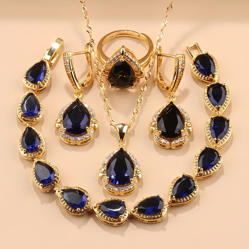 5-Piece Teardrop Jewelry Set with Earrings Necklace Pendant Ring Synthetic Stones Gold Plated Copper Zirconia for Weddings and Everyday
