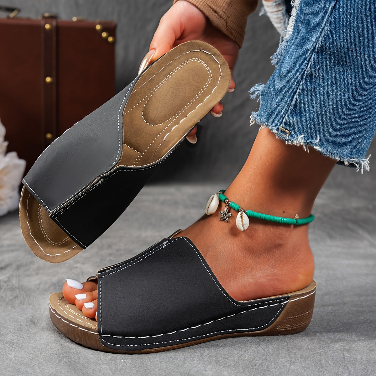 Women's Black and Brown Cork Slide Sandals Open Toe Casual Summer Shoes