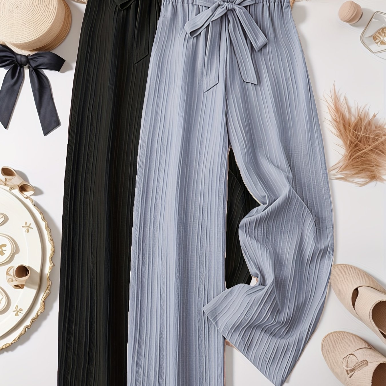 Women's Plus Size Striped Pleated Textured Long Pants Two Pack