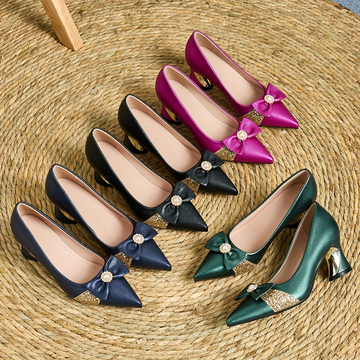 Women Faux Leather Pointed Toe Mules with Pearl Flower Decor High Heel Shoes