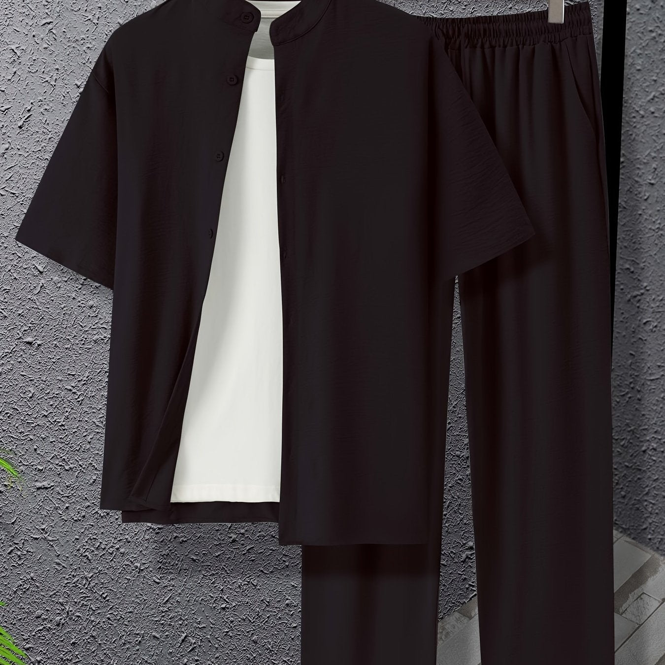 Conjunto de camisa de botones con cuello band y pantalones con cordón de talla grande para hombres, ideal para deportes y ocio