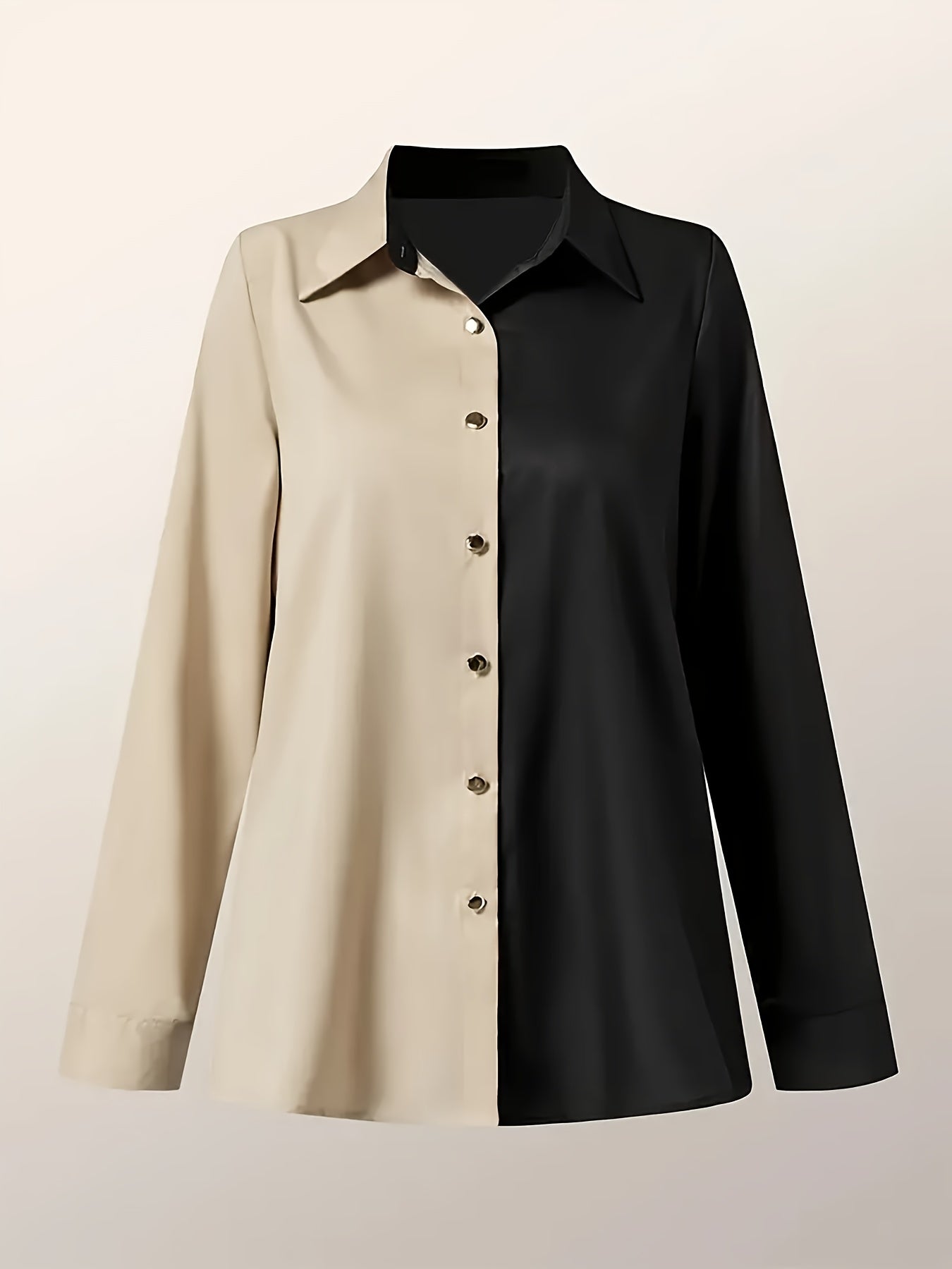 Women's Long Sleeve Color Block Shirt with Button Front and Lapel Collar for Spring and Fall