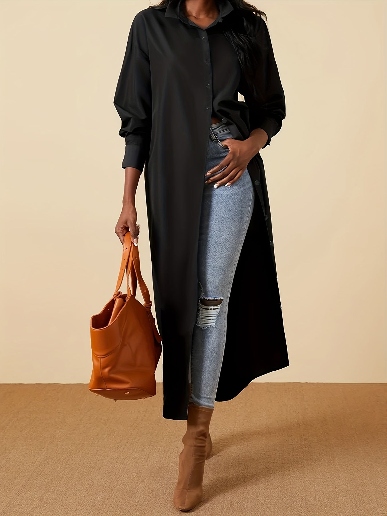 Plus Size Women's Solid Button Front Shirt Dress for Spring and Fall