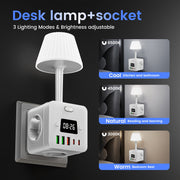 Multi-Functional Desk Lamp with Clock Surge Protector USB Outlets Adjustable Brightness Black or White