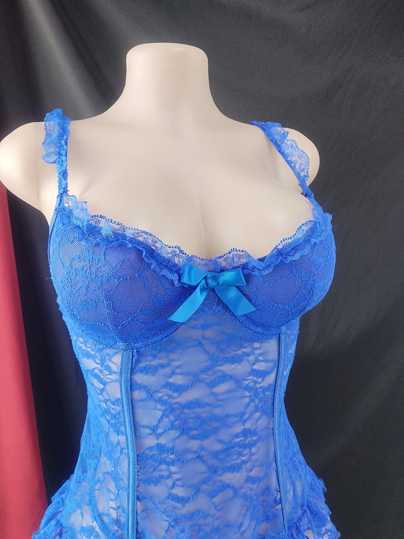 Women's Large Size Lace Suspender Pajama Set with Panties and Leg Ring