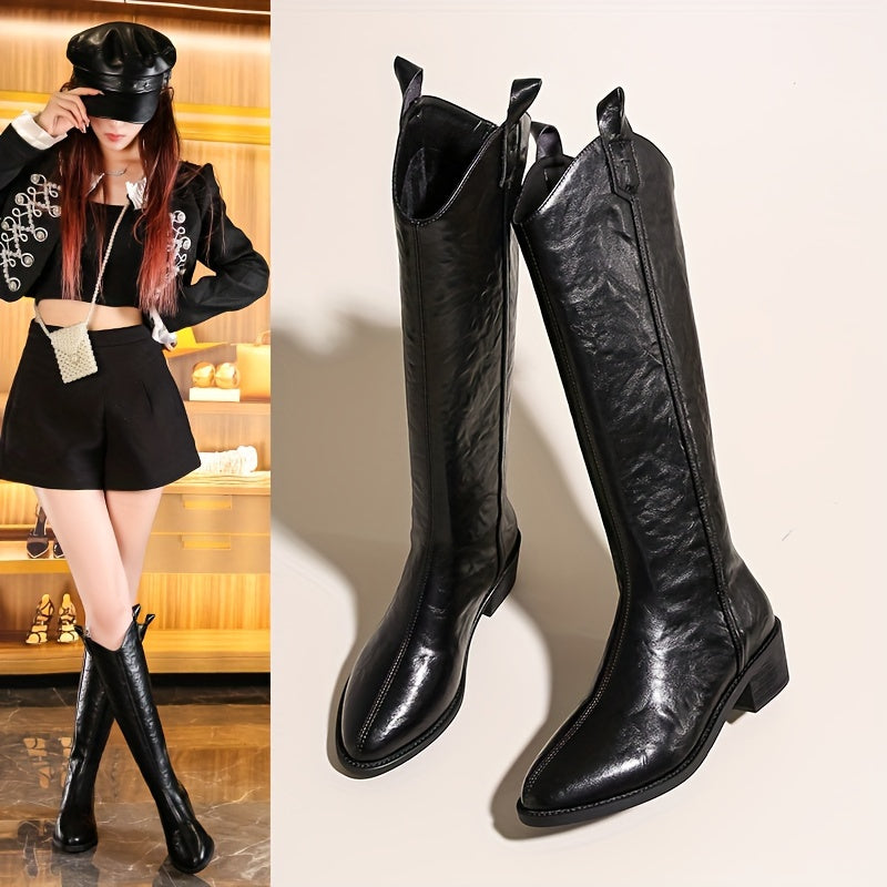 Women's Knee-High Faux Leather Cowboy Boots with Pointed Toe and Rubber Sole