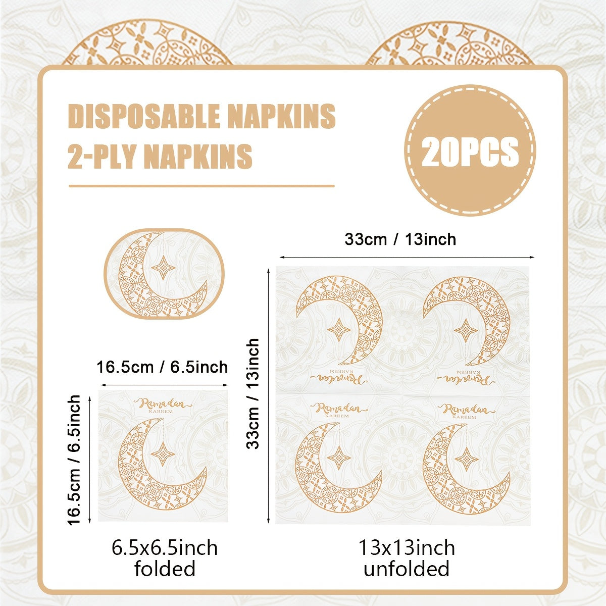 Одноразовые бумажные полотенца с узором лунного Рамадана, упаковка 20 штук, 33 см x 33 см, для дома и ресторана