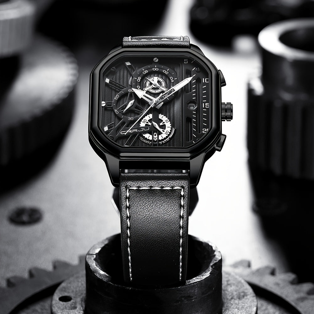 Men's Black Stainless Steel Chronograph Watch with Leather Strap