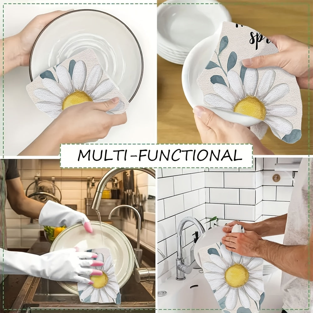 Set of 2 White Daisy Eucalyptus Kitchen Towels 16x24 Inch Absorbent Dish Towels