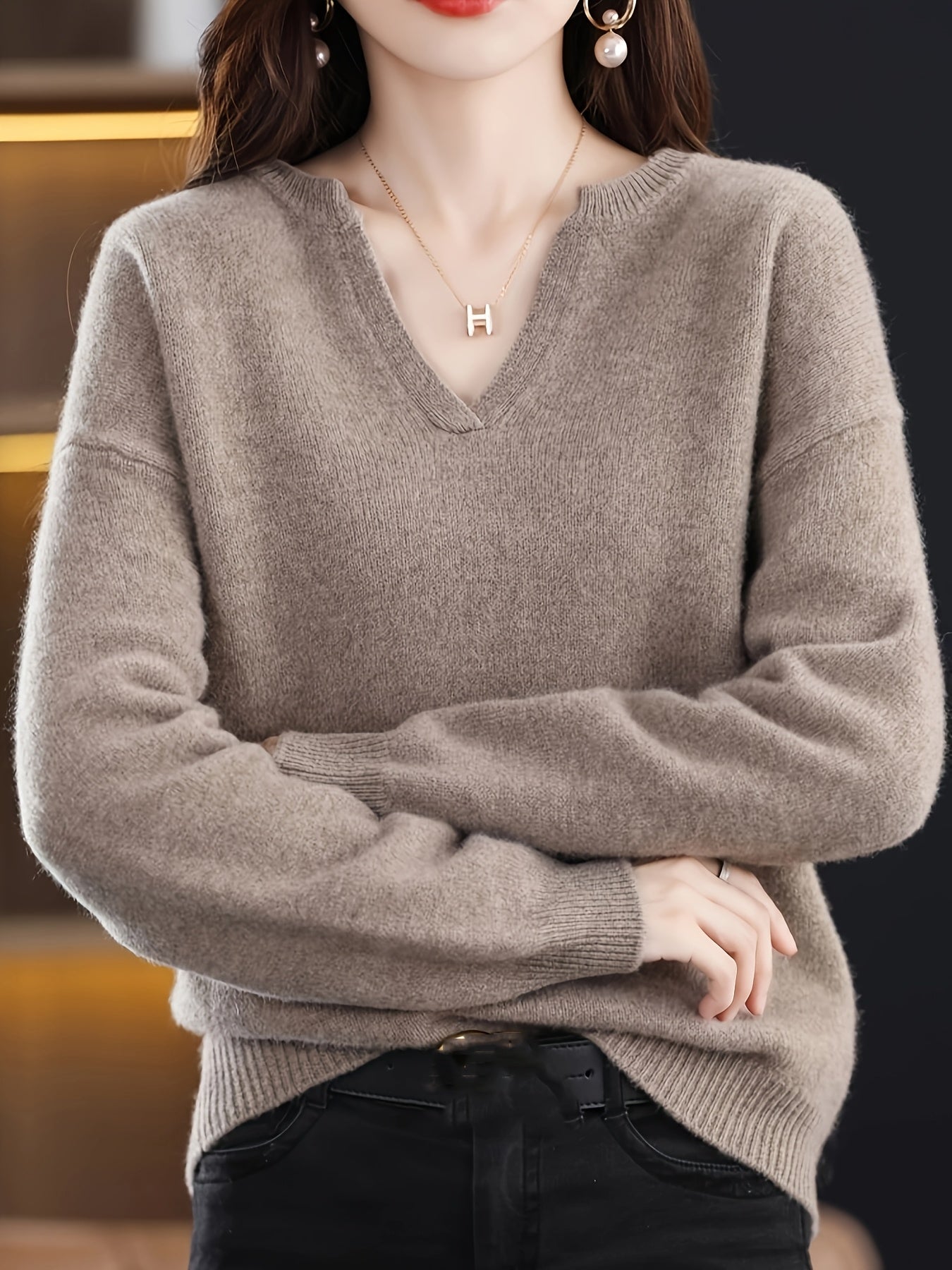 Plus o'lcham ayollar uchun V-shakllı bo'yinli uzun qo'lqopli kofta, qorin nazorati, kundalik pulover