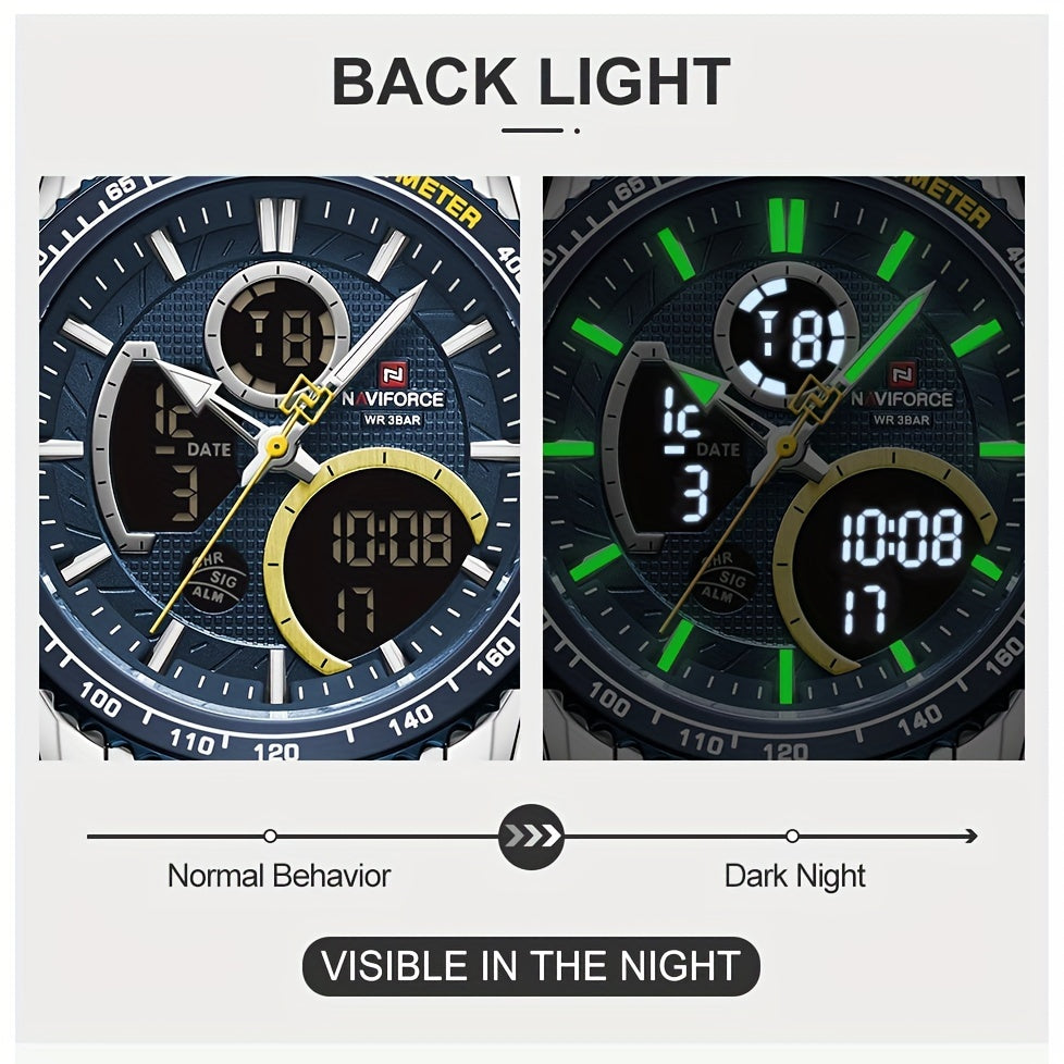 Men's Stainless Steel Wristwatch with Night Vision, Multiple Dials, Date Display