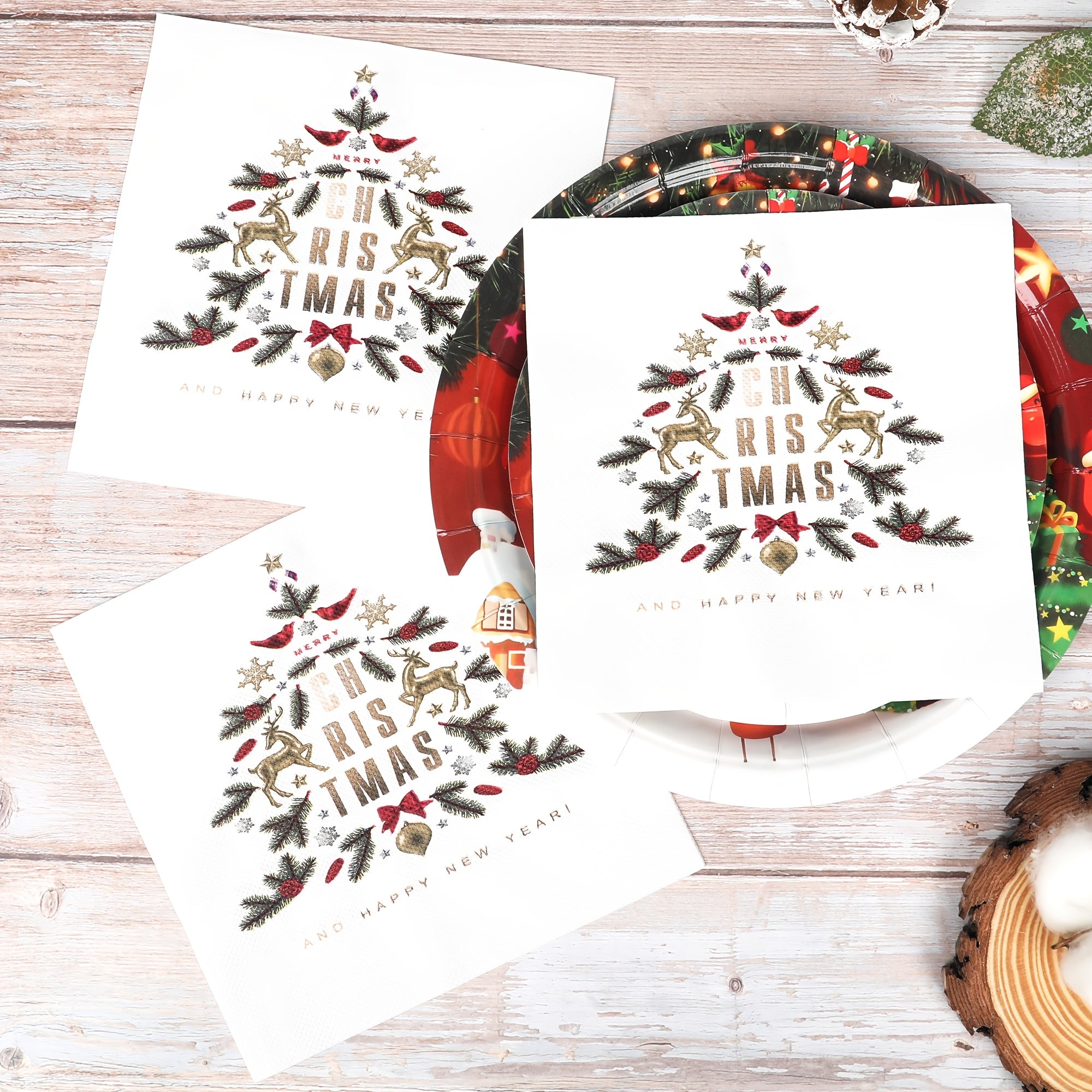 Bayram tadbirlari uchun 50 dona paketda foydalaniladigan 2 qatlamli Yangi yil daraxti dizayni salfetkalar