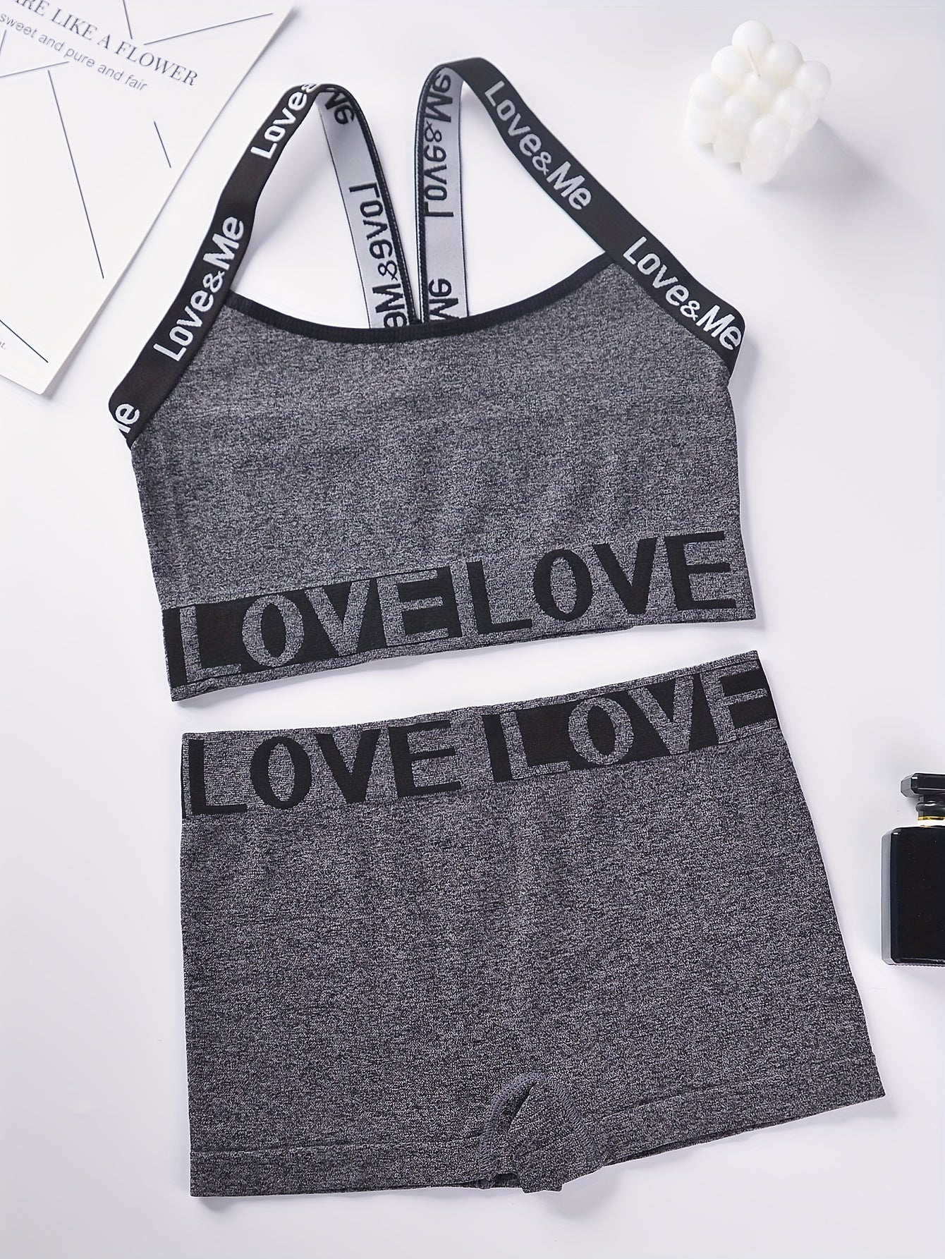 Women’s Loungewear Set Love Letter Crop Top High-Waisted Shorts Seamless Tummy Control Nylon