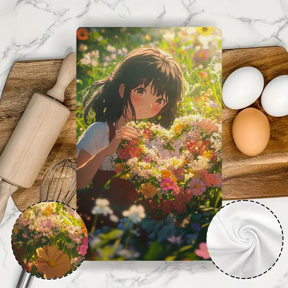 Set of 2 Ultra Soft Kitchen Towels 16x24 Absorbent Anime Girl Decor
