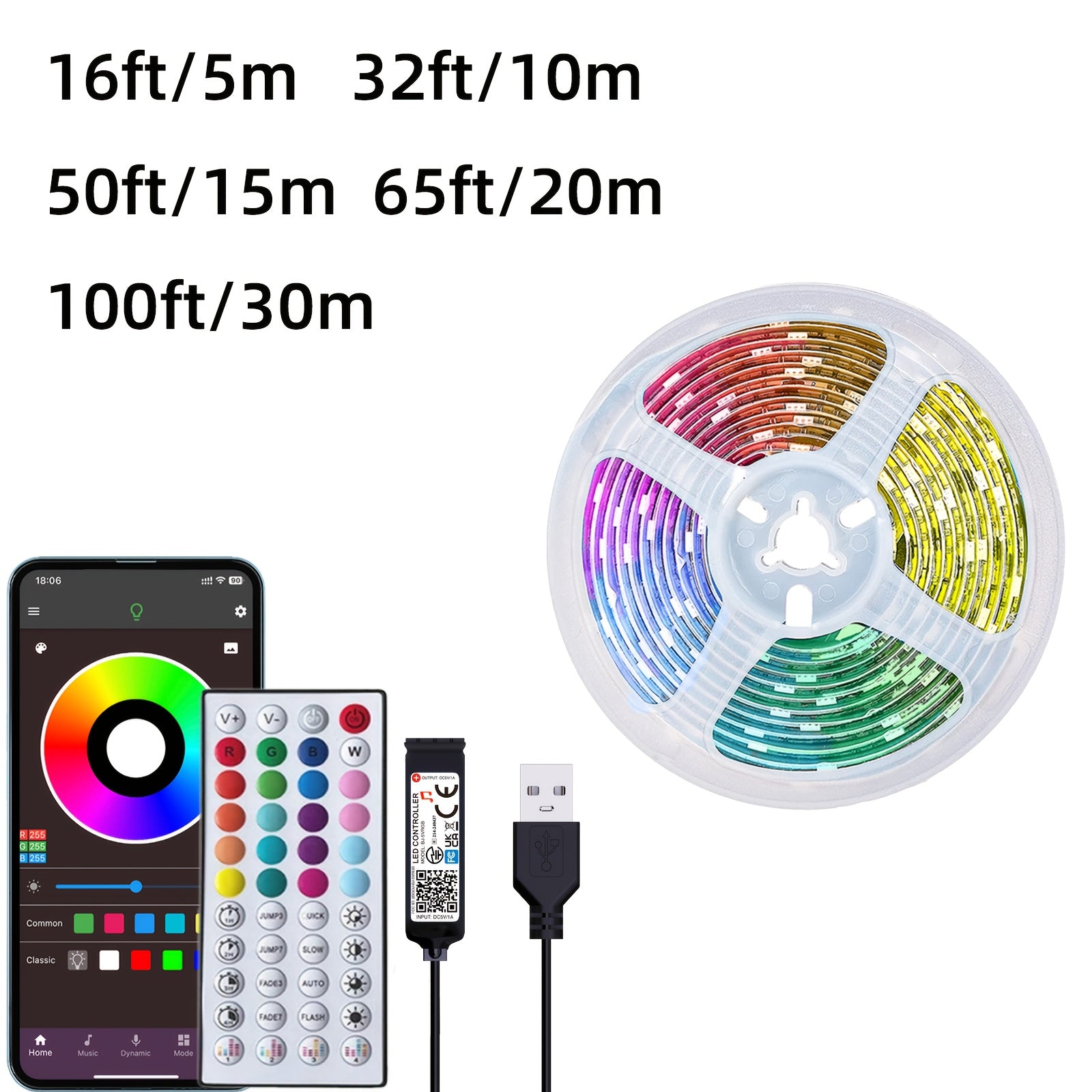 LED Strip Lights 4.88-30.48m with Remote App Control Dimmable Color Changing Music Sync