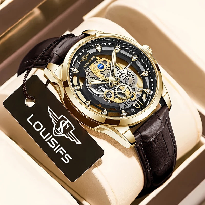 Men's Transparent Double-Sided Hollow Design Quartz Watch with Luminous Hands and PU Leather Strap