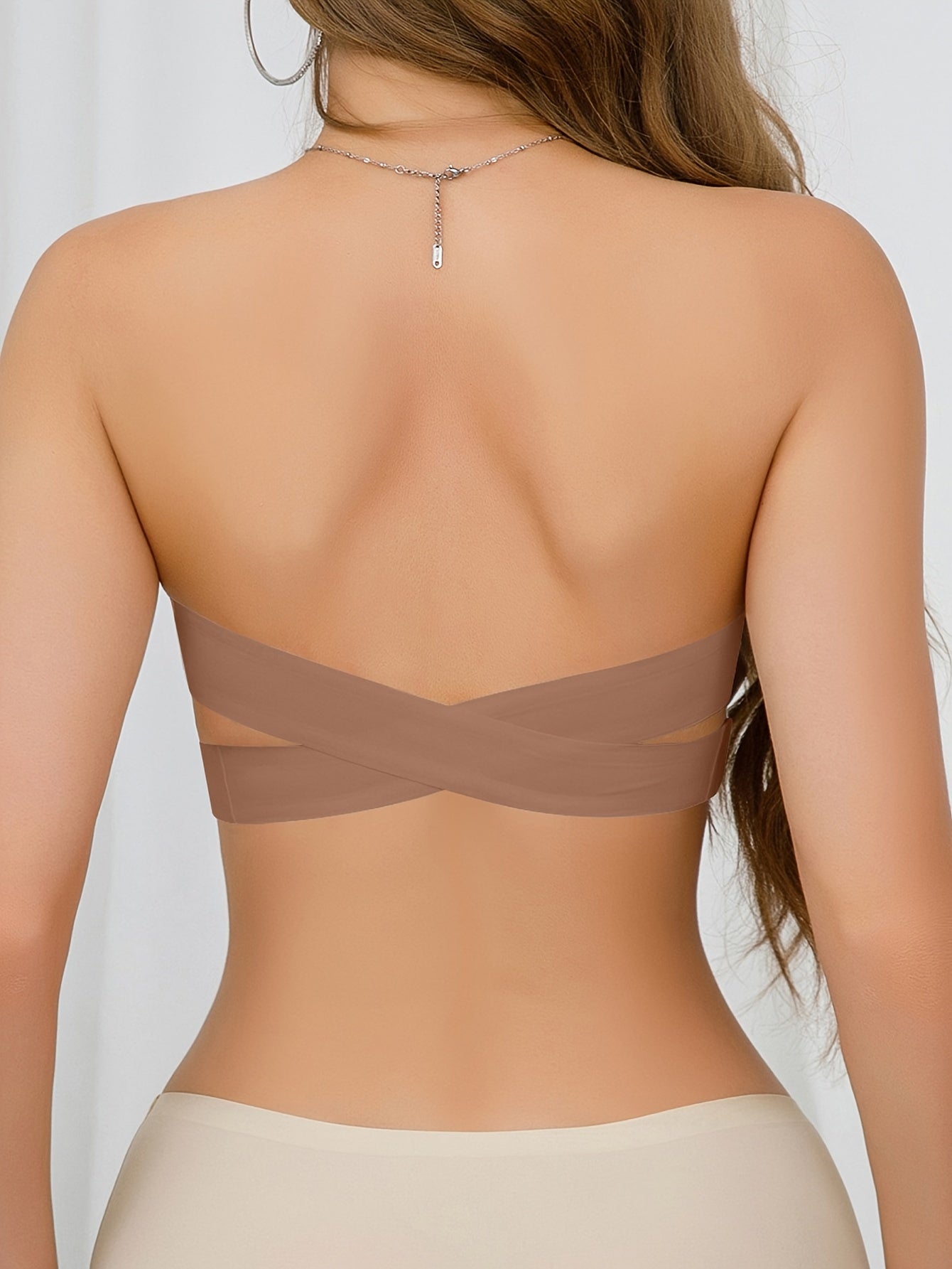 Beige Strapless Bandeau Bra with Removable Pads and Cross-Back Closure