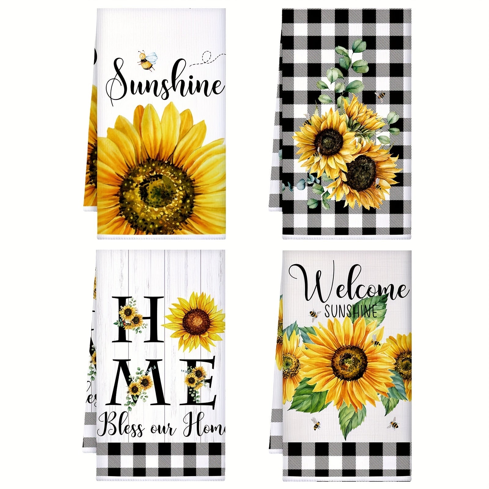Set of 2 Sunflower Buffalo Plaid Kitchen Hand Towels for Cleaning and Decor