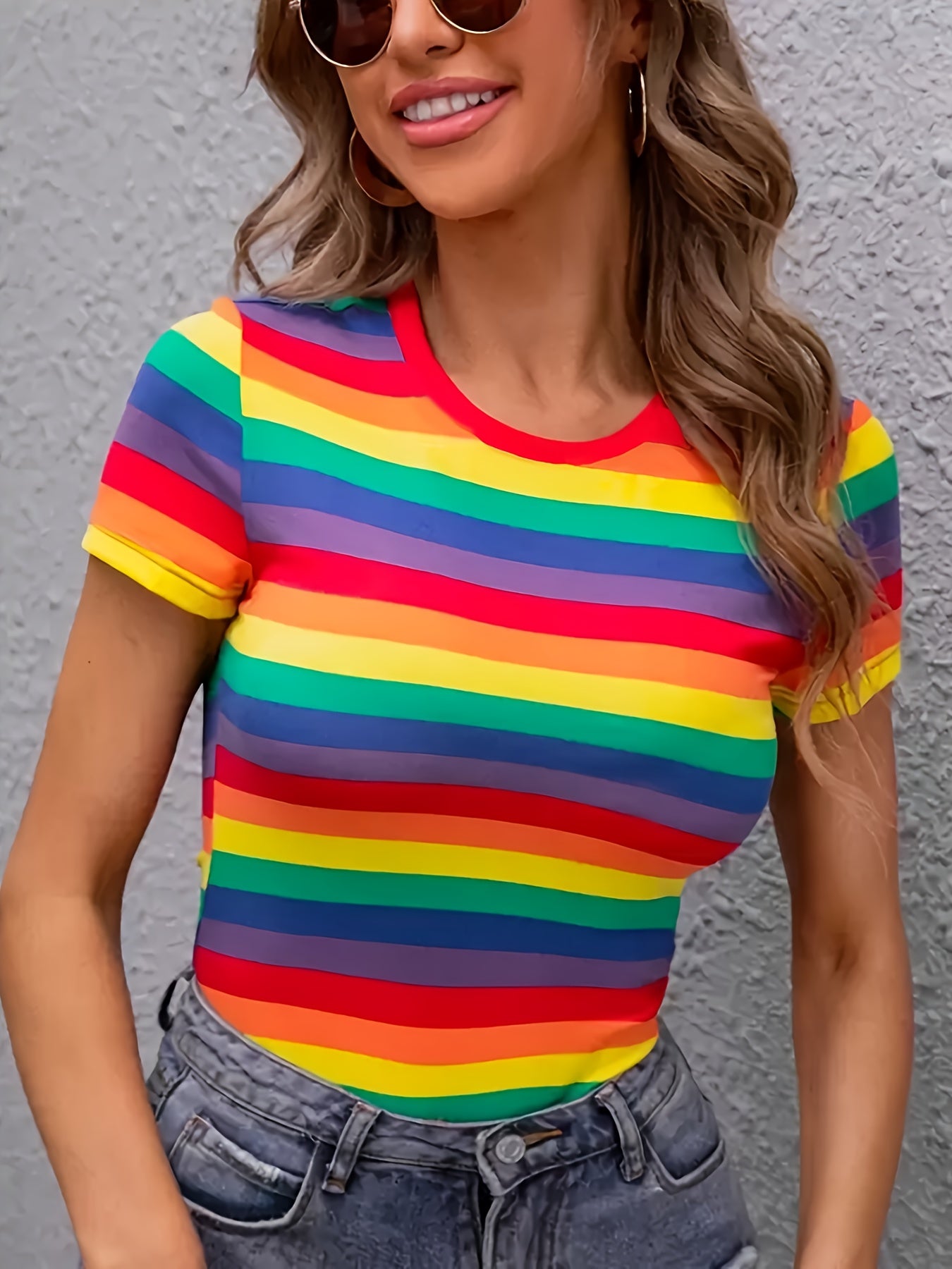 Women's Rainbow Stripe Print T-Shirt with Color Block Crew Neck Casual Top
