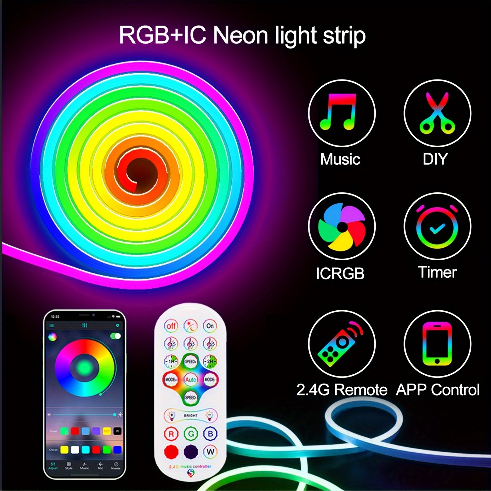 Яркая умная RGB+IC неоновая светодиодная лента с беспроводным и 2.4G пультом дистанционного управления, синхронизацией с музыкой, встроенным микрофоном, питающаяся от USB, для спальни, гостиной, декора для вечеринок 2/3/5м, гибкая.