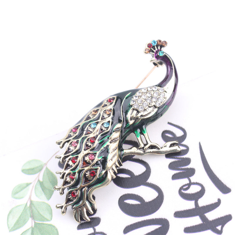 Elegant Peacock Brooch Pin Enamel Rhinestones Animal Shaped Jewelry for Hanfu Cheongsam Events