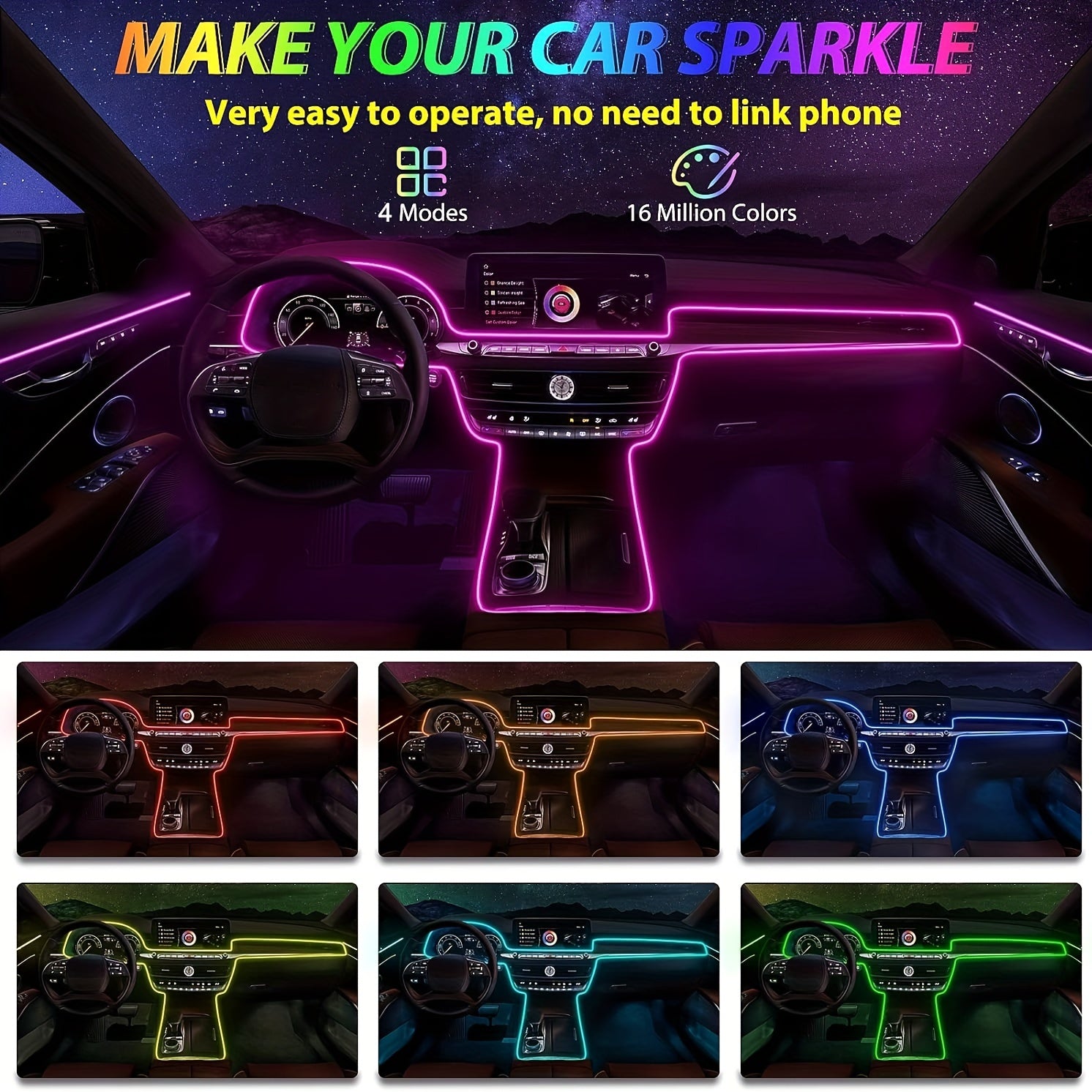 Car Interior LED Strip Lights RGB USB Ambient Lighting Kit for Car Door Console Dashboard