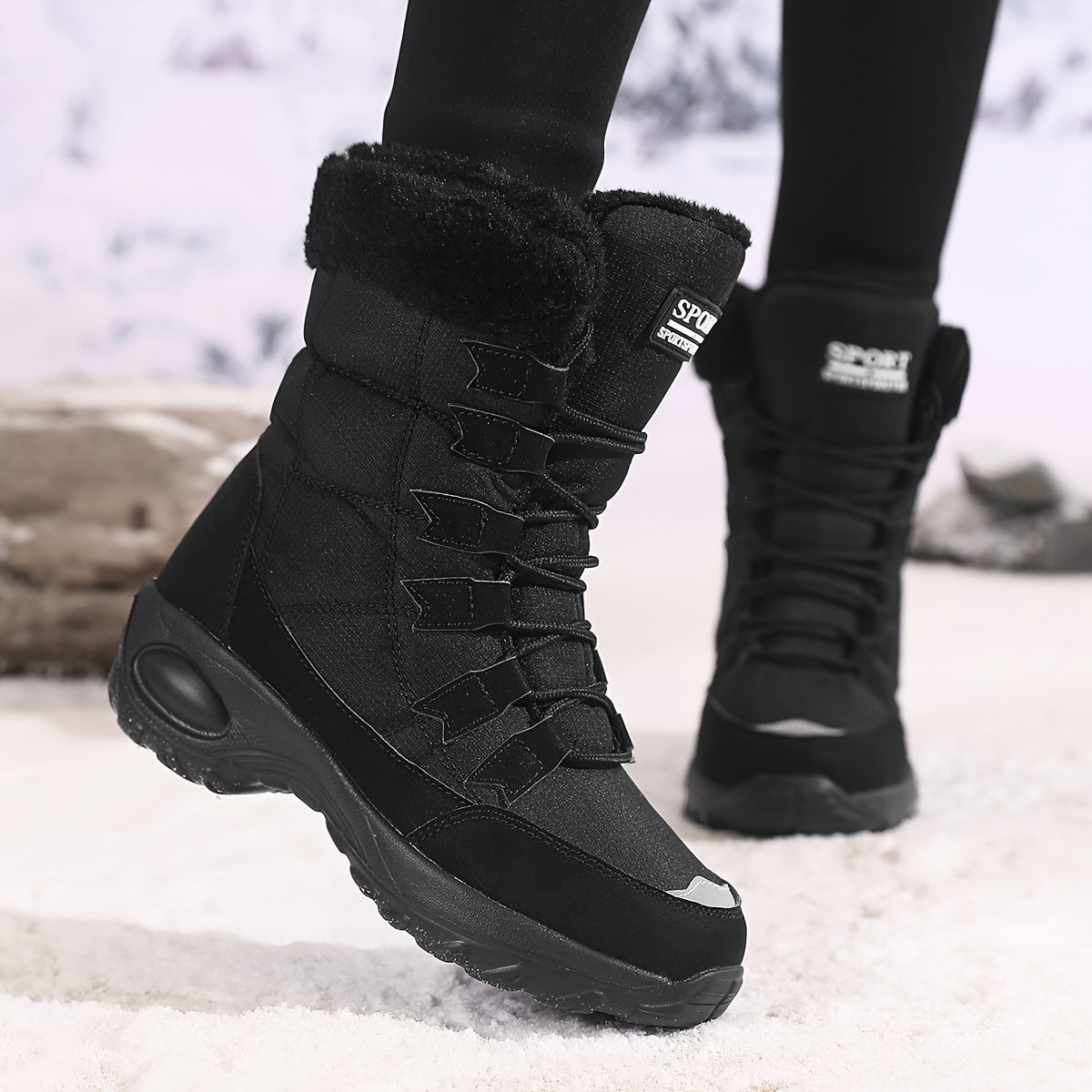Women's Fleece-Lined Mid-Calf Winter Boots Black Size 7
