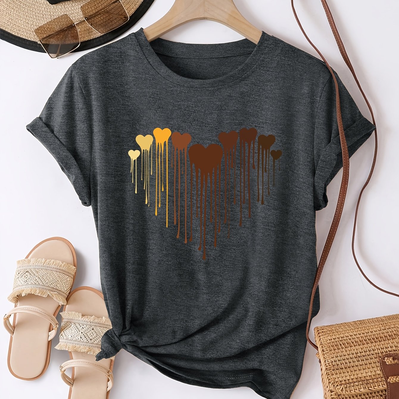 Women's Polyester Blend Crew Neck T-Shirt with Heart Print for All Seasons