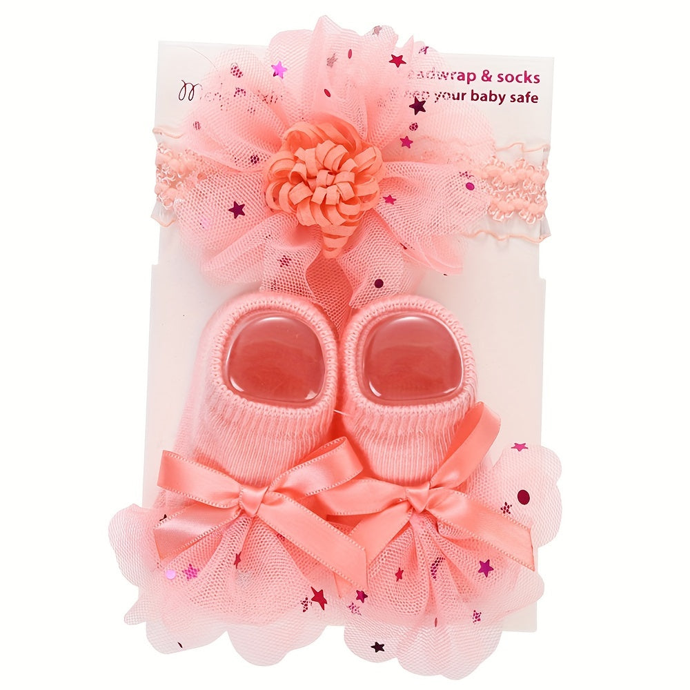 Kids' Cotton Blend Lace Bow Low-Cut Socks and Hairbands Set for Spring Summer