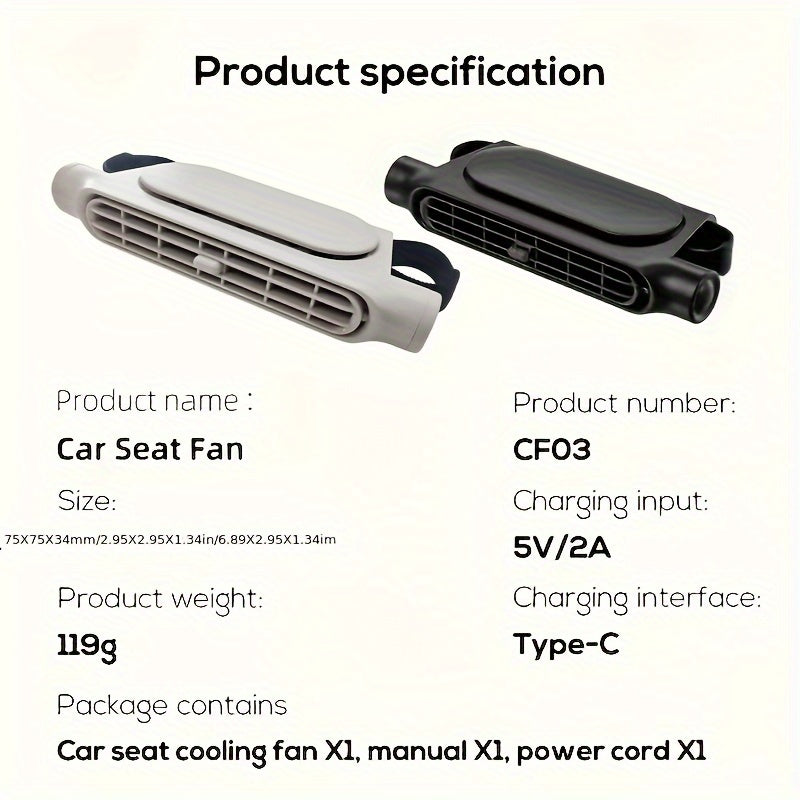 USB Car Seat Cooling Fan Bladeless Portable Adjustable Airflow