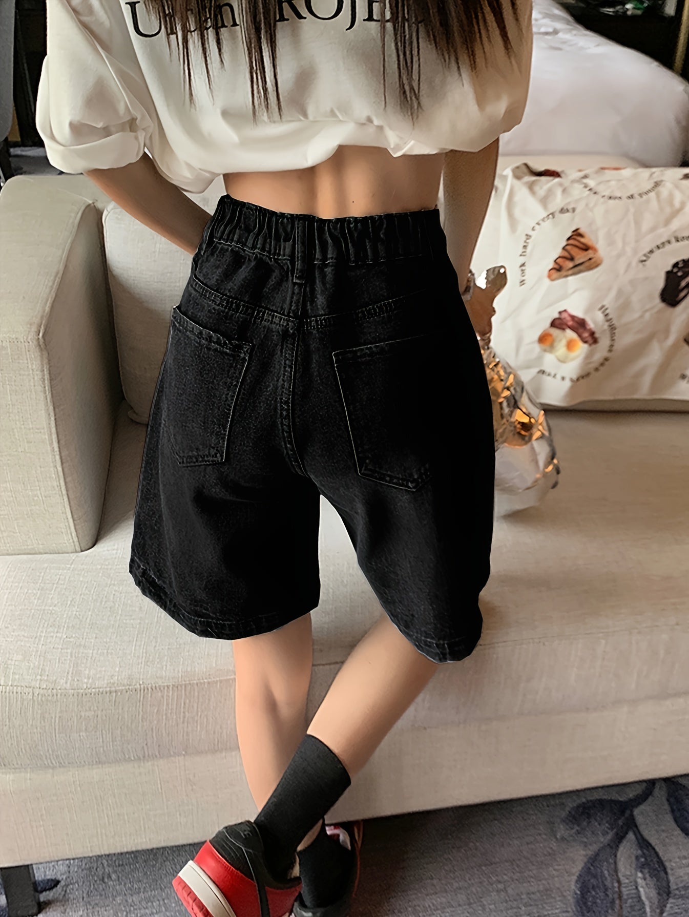 Women's High-Waisted Denim Pants with Elastic Waist Wide Leg Bermuda Summer Style