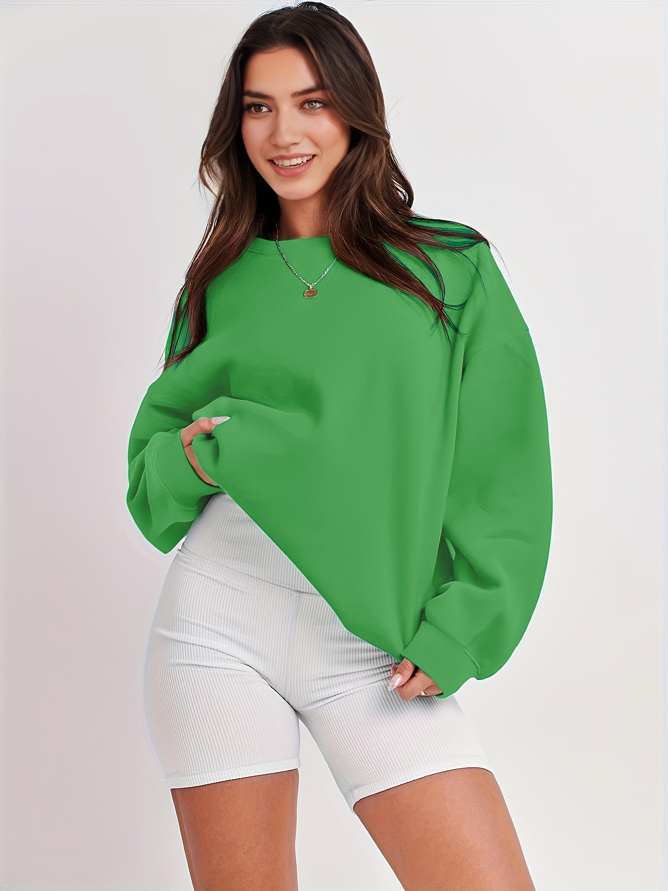 Women's Loose Cotton Long Sleeve Hoodie Round Neck Solid Color Pullover