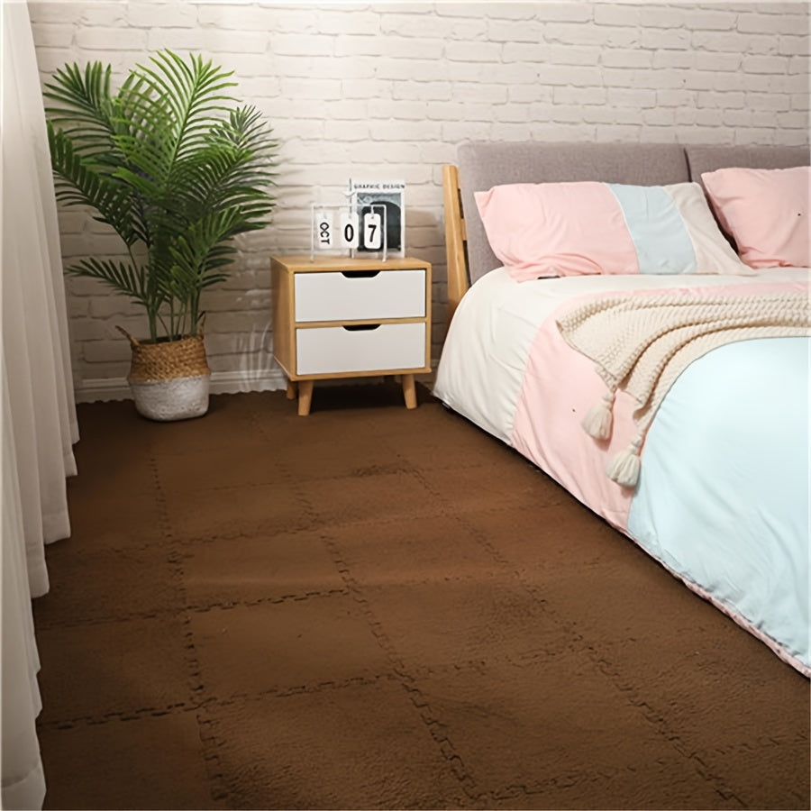 Plush Interlocking Carpet Tiles Soft Washable EVA Polyester Warm Cozy 12x12 Inches