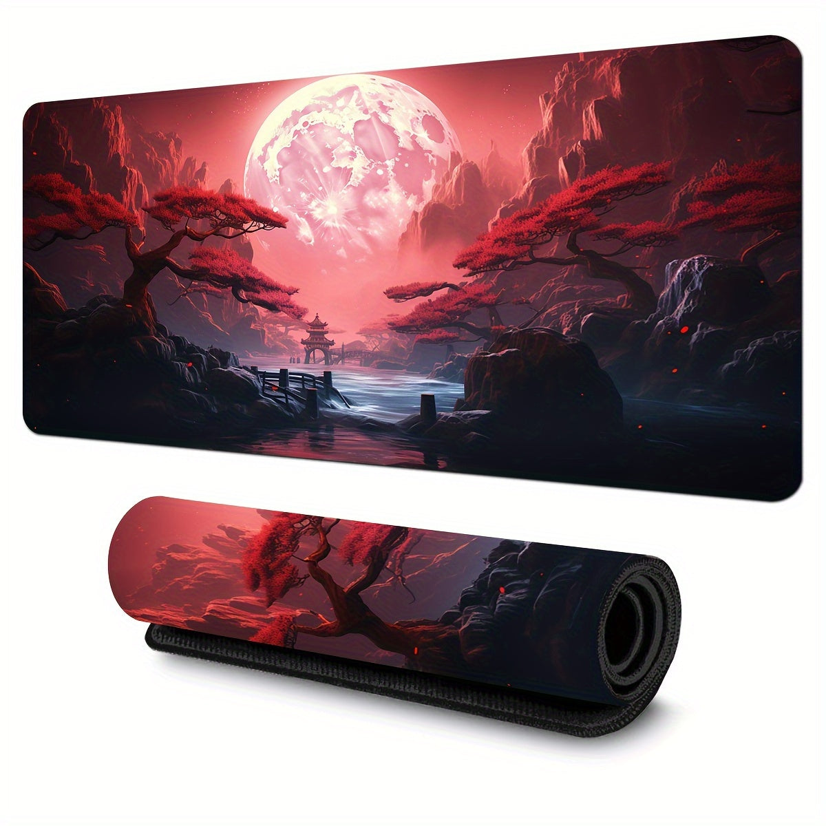 Large Gaming Mouse Pad with Red Landscape Design Non-Slip Rubber Base Stitched Edges